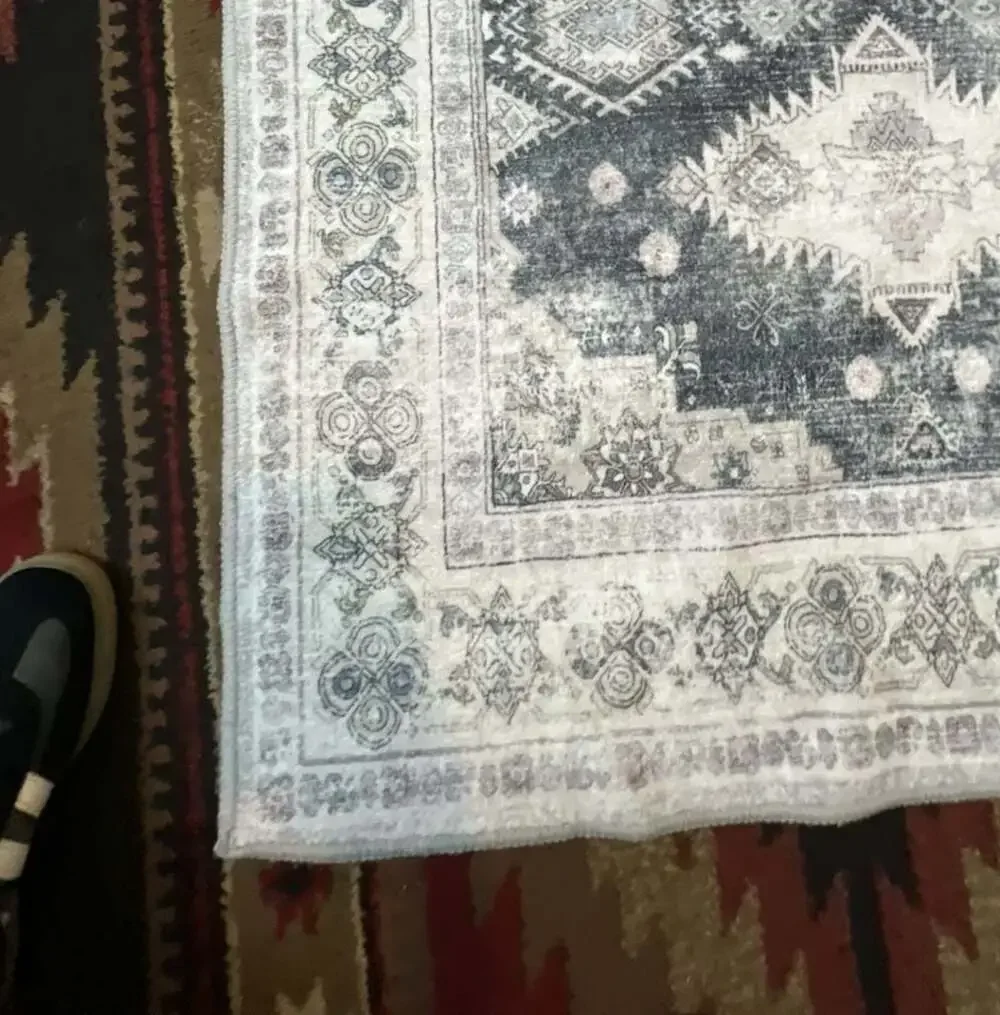 NOTASA Washable Boho Area Rug, Vintage Grey and White Oriental Patterned Floor C